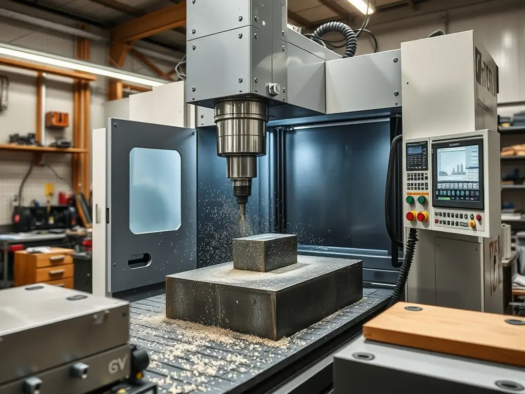 A high-tech CNC machine cutting metal in a modern industrial workshop.